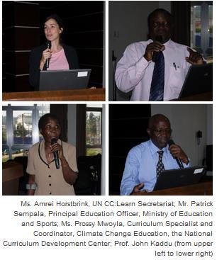 Ms. Amrei Horstbrink, UN CC:Learn Secretariat; Mr. Patrick Sempala, Principal Education Officer, Ministry of Education and Sports; Ms. Prossy Mwoyla, Curriculum Specialist and Coordinator, Climate Change Education, the National Curriculum Development Center; Prof. John Kaddu (from upper left to lower right)